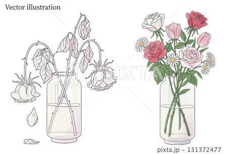 透過ベクター 枯れた花と、咲いている花の対比クリップアート 透過ベクター 枯れた花と、咲いている花の対比クリップアート 131372477