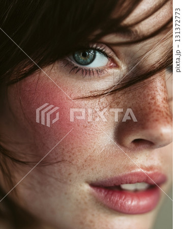 Young woman with natural freckles and blue eyes 131372773
