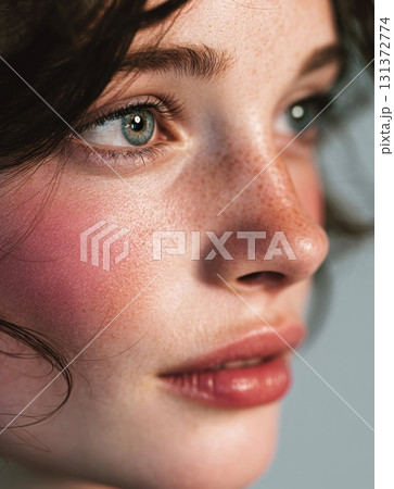 Young woman showing natural freckled skin beauty 131372774