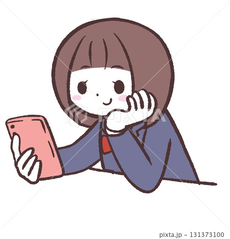 頬杖ついてスマホを眺める女子学生のイラスト 131373100