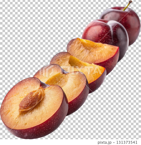 Fresh plums whole halved and sliced arranged in a diagonal sequence Fresh plums whole halved and sliced arranged in a diagonal sequence 131373541