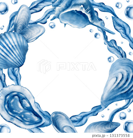 Marine seashells in square round frame:twisted spiky seashell,oyster,mussel,ribbed cemicircular seashell,laminaria,air bubbles in blue monochrome colors.Minimalism graphic in watecolor illustration 131373558