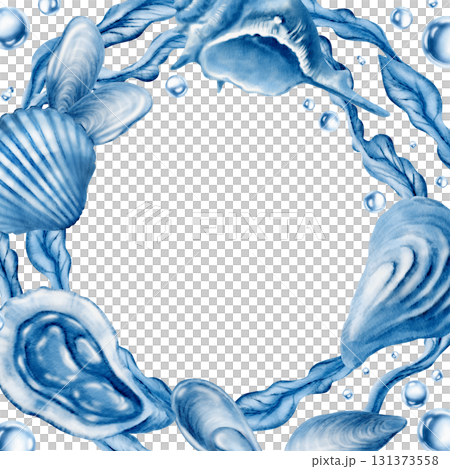 Marine seashells in square round frame:twisted spiky seashell,oyster,mussel,ribbed cemicircular seashell,laminaria,air bubbles in blue monochrome colors.Minimalism graphic in watecolor illustration 131373558