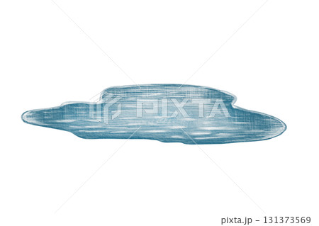 Payful blue puddle or small pond in cartoon style,crafted with soft watercolor washes and textured colored pencils.For childrens books,rainy day scenes and nature-themed designs 131373569