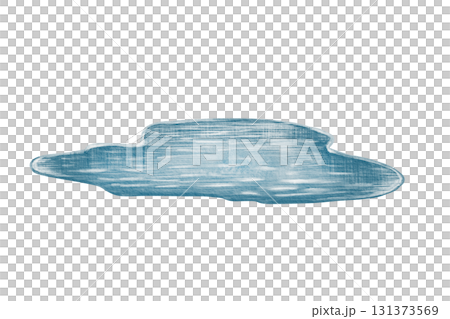 Payful blue puddle or small pond in cartoon style,crafted with soft watercolor washes and textured colored pencils.For childrens books,rainy day scenes and nature-themed designs 131373569