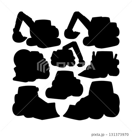 Different types of construction vehicles and machinery silhouettes on a white background showcasing essential tools used in construction work Different types of construction vehicles and machinery silhouettes on a white background showcasing essential tools used in construction work 131373970