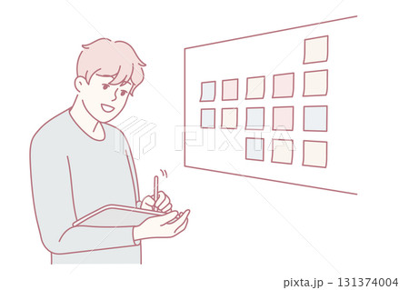 Male employee brainstorm near board in office 131374004