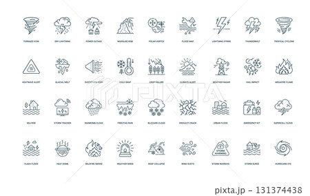collection natural weather disaster forecast line icons environmental hazards, weather climate crop cold snap alert failure radar 131374438