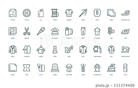 collection tailor line icons sewing tools materials clothing-related items, Design tape Fabric Measuring Scissors collection tailor line icons sewing tools materials clothing-related items, Design tape Fabric Measuring Scissors 131374489