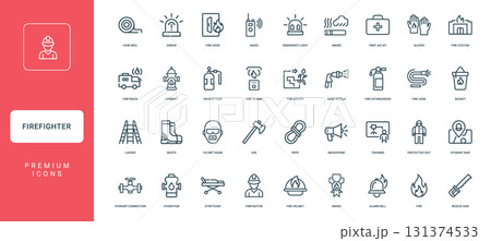 firefighter tools equipment scenarios firefighting, hydrant tank alarm escape oxygen fire, minimal thin line web outline icons collection, simple vector illustration 131374533