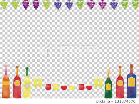 Watercolor wine glass, bottle and grape frame 131374570