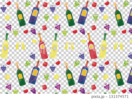 Watercolor wine glass, bottle and grape pattern 131374571