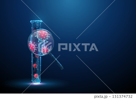 Magnifying glass showing enlarged viruses inside test tube. Infectious disease diagnostics, viral analysis, healthcare investigation concept. Magnifying glass showing enlarged viruses inside test tube. Infectious disease diagnostics, viral analysis, healthcare investigation concept. 131374732