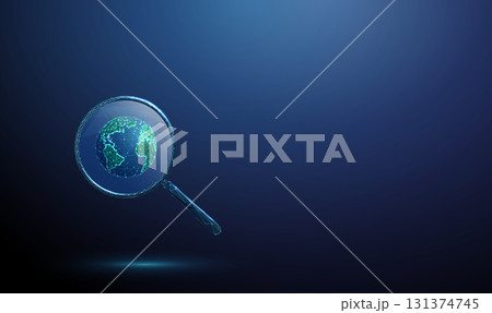 3d blue magnifying glass with Earth inside. Global observation, geoinformatics, data analysis, climate research, sustainable development concept. 3d blue magnifying glass with Earth inside. Global observation, geoinformatics, data analysis, climate research, sustainable development concept. 131374745