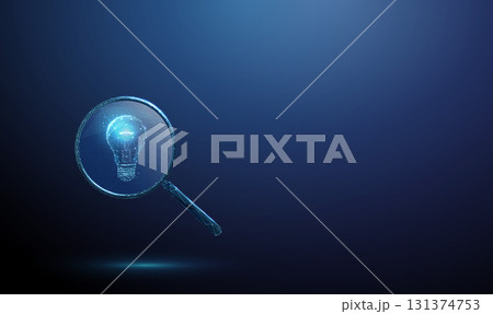 3d blue magnifying glass with a light bulb inside. Idea discovery, innovation, creative thinking, problem-solving, insight, research concept. Low poly digital futuristic style, wireframe. Vector. 131374753