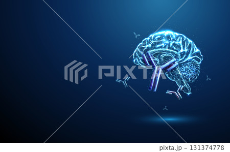 Blue 3d human brain with floating antibodies around. Autoimmune brain diseases, neurological diagnostics, antibody-based immunotherapy concept. 131374778