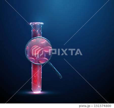 3d test tube with blood under magnifying glass with red blood cells inside. Hematology, medical diagnostics, laboratory research concept. 3d test tube with blood under magnifying glass with red blood cells inside. Hematology, medical diagnostics, laboratory research concept. 131374800