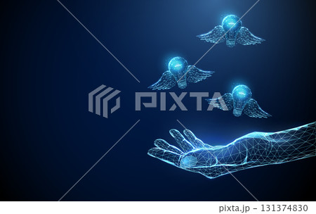 Human 3d hand with flying light bulbs with wings. Inspiration, idea generation, imagination, vision, knowledge sharing, freedom of thought concept. 131374830