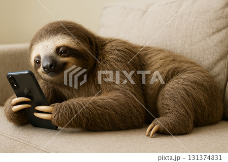 ソファでスマホを見ながらだらだらリラックスするナマケモノ 131374831