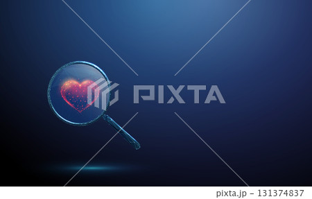 Blue 3d heart under a magnifying glass. Heart health, cardiology, monitoring, diagnosis, dating apps, relationship analysis, social connection concept. 131374837