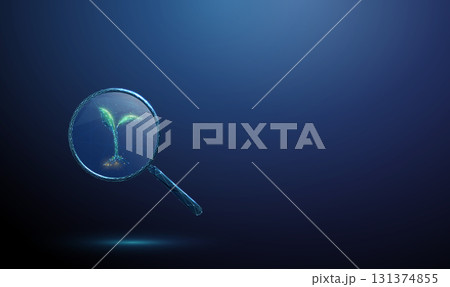 3d green plant under a magnifying glass. Plant growth monitoring, analysis, diagnostics, pest control, biological research, ecology, concept. 131374855