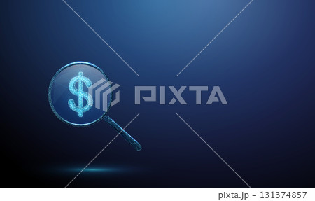 Dollar sign under a magnifying glass. Financial analysis, investment evaluation, audit, economic research, financial security, risk management concept. 131374857