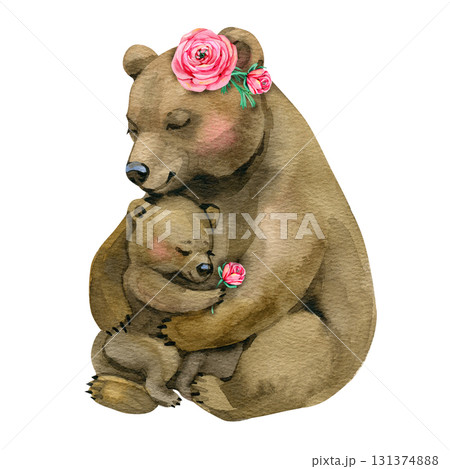 Best mom bear hugging cub adorned with flowers. Watercolor hand drawn illustration. Best mom bear hugging cub adorned with flowers. Watercolor hand drawn illustration. 131374888