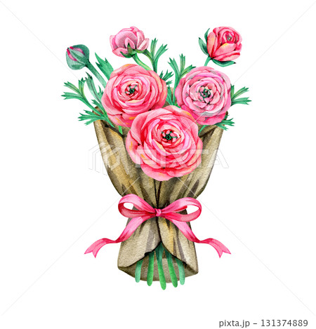 Watercolor happy birthday card with flowers bouquet. Hand painted isolated posy with ranunculus, leaves and floral elements. Hand drawn artwork Watercolor happy birthday card with flowers bouquet. Hand painted isolated posy with ranunculus, leaves and floral elements. Hand drawn artwork 131374889