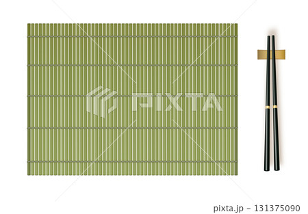 Bamboo sushi mat for table. Japanese bamboo sushi roller. Kitchen utensil for maki making. Vector 131375090