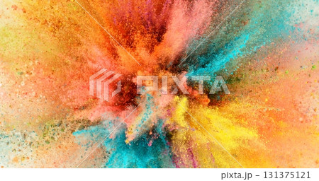 Colored powder explosion. Abstract closeup dust on backdrop. Colorful explode. Paint holi concept. 131375121