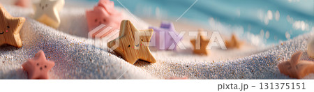 砂浜で遊ぶ音符と星の木工細工（3D）横長 131375151