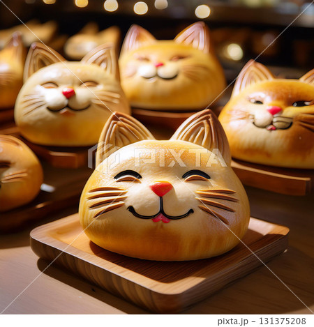 Adorable Cat Shaped Breads in Display 131375208