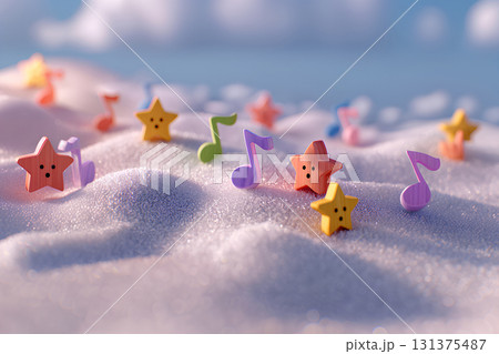 砂浜で遊ぶ音符と星の木工細工（3D） 131375487