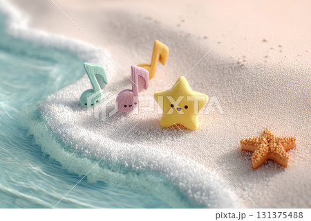 砂浜で遊ぶ音符と星の木工細工(3D) 砂浜で遊ぶ音符と星の木工細工(3D) 131375488