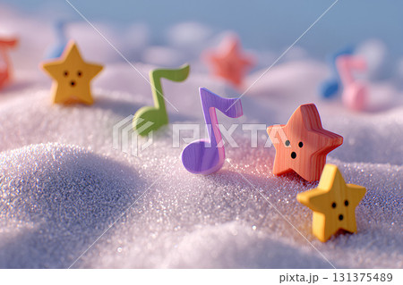 砂浜で遊ぶ音符と星の木工細工（3D） 131375489
