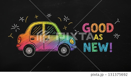 虹色の車と「GOOD AS NEW!」。修理完了を伝える明るいチョークアート 131375692