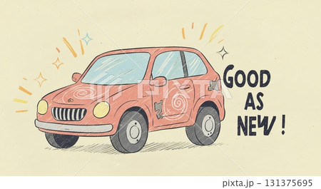 ぴかぴかに直った車。「GOOD AS NEW!」と光る喜びのイラスト 131375695