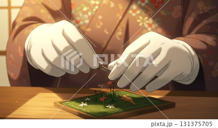 和服と白手袋の手元。ピンセットで繊細な作業をする日本の女性 和服と白手袋の手元。ピンセットで繊細な作業をする日本の女性 131375705