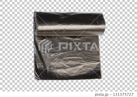 New black plastic garbage bags in roll for waste collection and storage isolated on white background 131375727