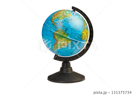 Colorful small globe displays the continents of North and South America, highlighting geographical features and boundaries isolated on white background Colorful small globe displays the continents of North and South America, highlighting geographical features and boundaries isolated on white background 131375734