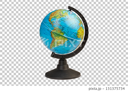 Colorful small globe displays the continents of North and South America, highlighting geographical features and boundaries isolated on white background 131375734