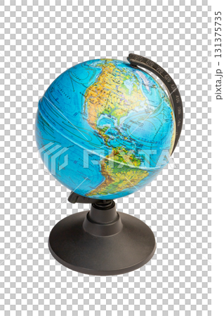 Colorful small globe displays the continents of North and South America with in Russian inscriptions isolated on white background. Colorful small globe displays the continents of North and South America with in Russian inscriptions isolated on white background. 131375735