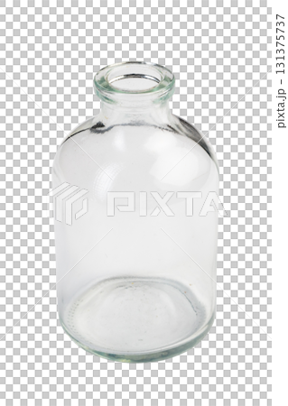 Clear glass jar with round body and narrow neck isolated on white background Clear glass jar with round body and narrow neck isolated on white background 131375737