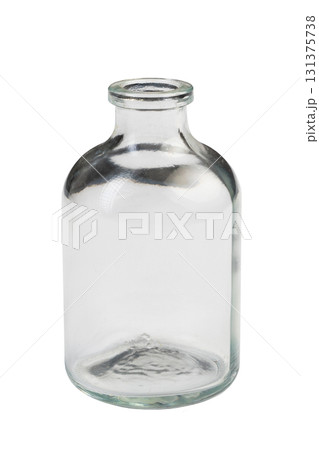 apothecary vintage old glass small bottle isolated on white background. Clear glass jar with round body and narrow neck, perfect for storage or display in home settings apothecary vintage old glass small bottle isolated on white background. Clear glass jar with round body and narrow neck, perfect for storage or display in home settings 131375738