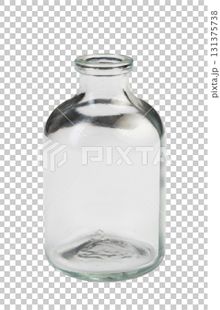 apothecary vintage old glass small bottle isolated on white background. Clear glass jar with round body and narrow neck, perfect for storage or display in home settings apothecary vintage old glass small bottle isolated on white background. Clear glass jar with round body and narrow neck, perfect for storage or display in home settings 131375738
