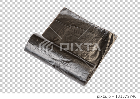 roll of black plastic garbage bags for waste collection and storage isolated on white background. New rolled plastic bin bags 131375746