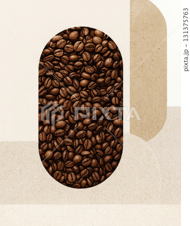 an artistic minimalist composition with roasted coffee beans arranged inside a geometric beige background 131375763