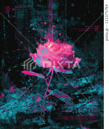a glowing neon pink and blue rose in a futuristic digital abstract background 131375764