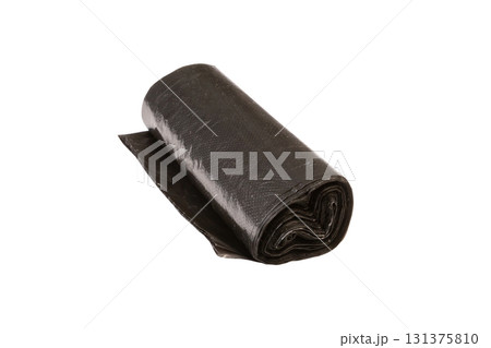 A roll of sturdy black plastic garbage bags for managing waste and organizing items. Suitable for home, office, and outdoor use at any time. Garbage Bag Roll Isolated on White Background 131375810