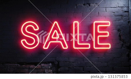 a glowing neon sign spelling the word SALE in bright pink light against a dark brick wall 131375853